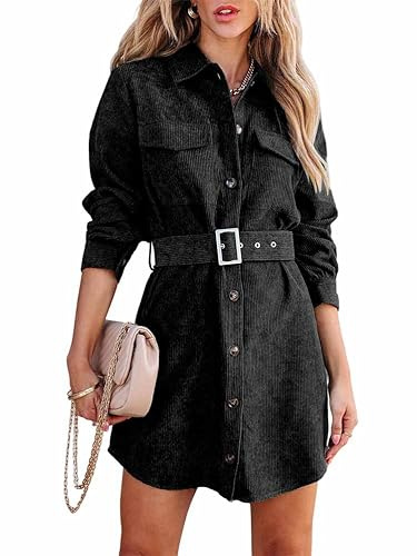 seiveini Robe Chemise en Velours Côtelé Femme avec Ceinture Elegante Robe Tunique Automne et Hiver Robe de Chemiser Manche Longue Col en V Décontractée Couleur Unie