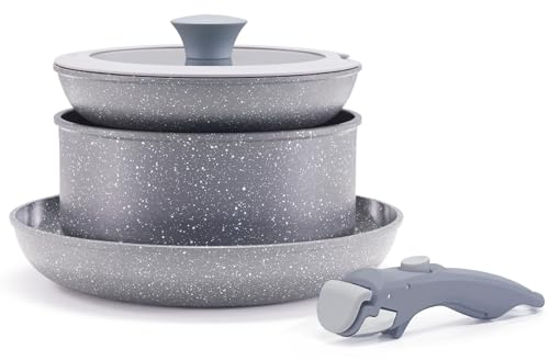 Florosa ensemble de casseroles poêles 5 pièces antiadhésive avec poignée amovible, ensemble de cuisinière en céramique avec couvercle, non toxique four sûr, idéal pour l'induction et le camping, Gris