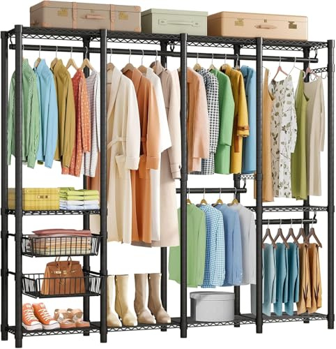 Forthcan Heavy Duty Clothes Rail - Metal Freestanding Portable Wardrobe Closet With 2 Slid Baskets for Hanging Clothing, 192.5 x 45 x 195 cm, Black