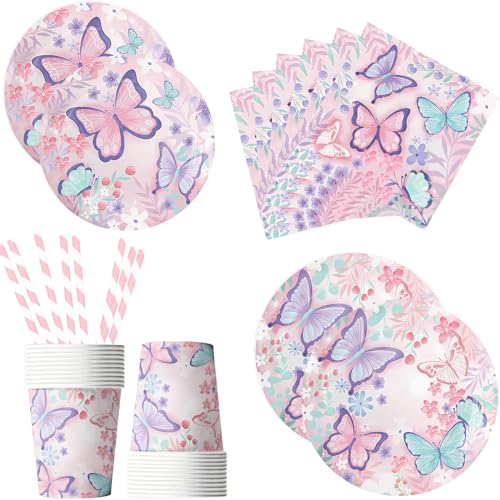 Assugo 60 piezas de mariposas decorativas de cumpleaños, vajilla de fiesta, incluye platos de papel para niñas, servilletas de mariposa, pajitas, vasos, decoración de cumpleaños para niños para