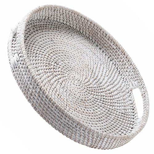 Jungle Culture Plateau de Service en rotin 34cm • Plateaux de Service tissés avec poignées pour la Maison • Plateau Rond pour Table Basse • Panier de Service en Osier pour Le Pain, Les Fruits • Blanc