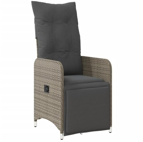 vidaXL Gartensessel Verstellbar mit Kissen, Gartenstuhl mit Stahlrahmen, Liegestuhll für Garten, Stuhl Sessel Relaxsessel, Grau Poly Rattan