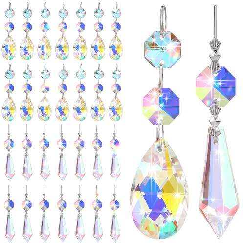 Potchen 24 Pcs Chandelier Crystal Replacement 38 mm Teardrop & Icicle Crystal Prisms Hanging Gems Parts for Lamps and Chandeliers Suncatcher Christmas Tree Windows Home Decor (Colorful)