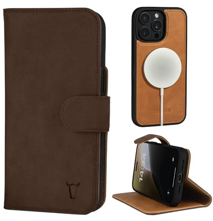 TORRO Nubuck Leather Case Compatible with iPhone 15 Pro – Leather Bumper Case with Magnetically Detachable Wallet Cover with Kickstand (Compatible with Official MagSafe Chargers) - Dark Brown