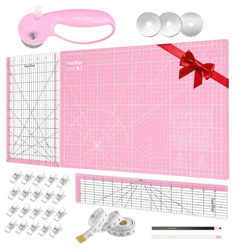Lya Vinyl 45 mm Rotationsschneider Stoffschneider Set mit selbstheilender A3 Schneidematte, Quilting Lineal und Nähklammern, Bastelmesser, ideal zum Basteln, Nähen