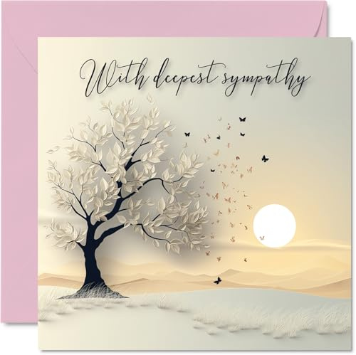 Tarjetas de condolencias pensando en ti, tarjetas de condolencia más profunda, tarjeta de condolencia de árbol y mariposas, duelo para adultos, perdón por tu pérdida, saludo de flores de 145 mm