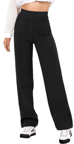 Zhiaek Pantalon Femme Taille Haute Elastique Pantalon Décontracté Femme Casual Jambes Droites Pantalons avec Poches Noir XL