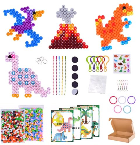 YUFFQOPC Fuse Beads Set - 1000 Pcs 10mm Iron Beads Kit in 12 Colors with 10 Patterns, Pegboards, Ironing Papers, keyrings, Birthday Gifts for Boys Girls DIY Art Crafts Age 4 5 6(Dinosaur)