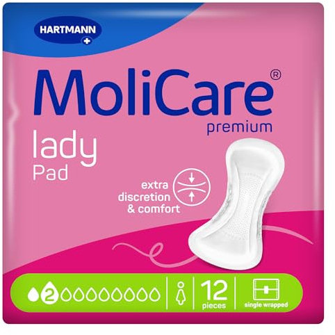 MoliCare Premium Lady Pad 2 Drops, Discreet Pads for Women, 12 Pack | Discreet leakage protection for light leaks, with soft side-barriers, skin-friendly, and individually wrapped, 26.5 x 11.2 cm