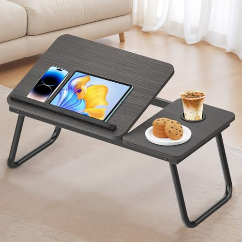 Huracan Table d'ordinateur Portable pour canapé, Lapdesk Pliable avec Cup Slot, 5 Positions d'inclinaison, Table de lit, Support d'ordinateur pour études, Bureau à Domicile (Noir Brossé)