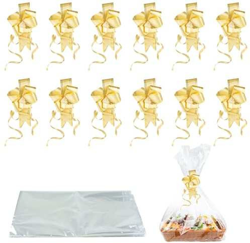 NIXRET 12 stycken presentfolie för förpackning transparent 70 x 100 cm presentfoliepåsar stor kapacitet presentpåsar med 12 band och twist för presentkorgar, blommor, hantverk, godis