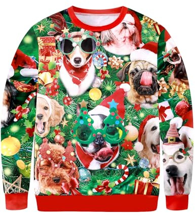 COSAVOROCK Pull de Noël Homme Nouveauté Sweatshirt Imprimé en Chien 3D, Rouge, L