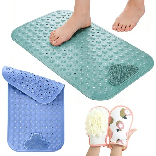 JOYBOY Tappeto Doccia Antiscivolo, 2pcs Tappetino da Vasca Antiscivolo(70x40 cm) con Ventose e Fori di Drenaggio, Morbida TPE per Vasca, Bagno(con Guanto da Bagno)