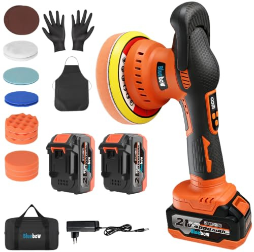 Akku Poliermaschine Auto, 6 Zoll Polierer Set 2x 4000mAh 21V-Akkus, 8 variablen Geschwindigkeitsstufen, LED-Display und 18-teiligem Polier-Zubehörset für Wachsen, Polieren und Kratzerentfernung