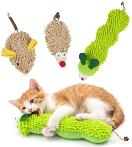 OSDUE Kattleksak med kattmynta, 3 st. Caterpillar plyschleksaker med kattmynta, interaktiv kattleksak för katter, spel, bett, tugga, tandvård för katter, med design