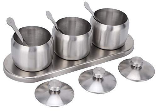 Aramox Kryddgryta Set 304 Rostfritt Stål Kryddkruka och Kryddflaska 3 Delars Behållare med Skedar och Bas 8,5 X 9,5 Cm för Förvaring Av Köksbänk i Hemmet