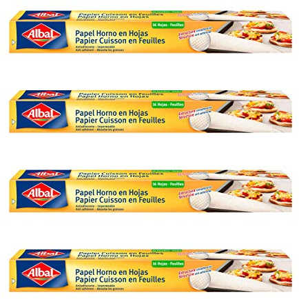 ALBAL - Juego de 4 cajas de papel para hornear (16 hojas, precortadas), papel de hornear antideslizante y antiadherente, papel alimenticio desmoldado fácil