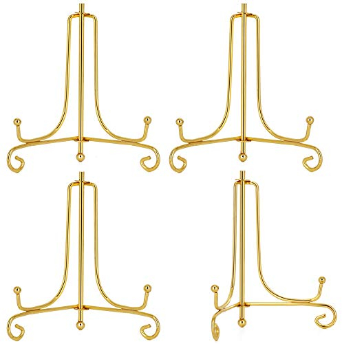 Hetoco 4 Inch Gold Easel Plate Holder Decorative Display Stands for Photo, Picture Frames, Decorative Plates, Paintings and Art.(Pack of 4)