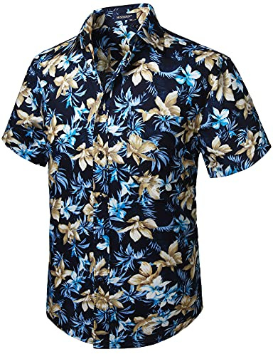 HISDERN Men Funky Hawaiian Floral Shirts Short Sleeve Front Pocket Holiday Summer Aloha Printed Beach Casual Navy Blue Hawaii Shirt Navy Blue-2 XXL