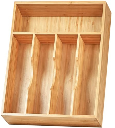 Umilife Kitchen Drawer Organizer, 10 Inch Silverware Utensil Tray Holder, Extra Deep, with Non-Slip Feet & Grooved Drawer Divider, 5 Slots Total Bamboo Wood Caddy for Flatware Cutlery Knives