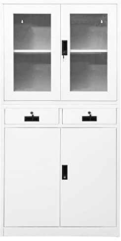 FIRBNUS Armoire de bureau blanche 90 x 40 x 180 cm en acier et verre armoire dressing, armoire de bureau, bibliothèque fermée avec portes armoires de bureau, armoire avec clé