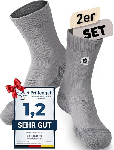 CORE GORIMO – 2 Paar – Merino Wandersocken Damen & Herren - mit Anti-Blasen Schutz - Wandersocken Herren & Damen zum Wandern, Hiking und Trekking (43-46, Grau)
