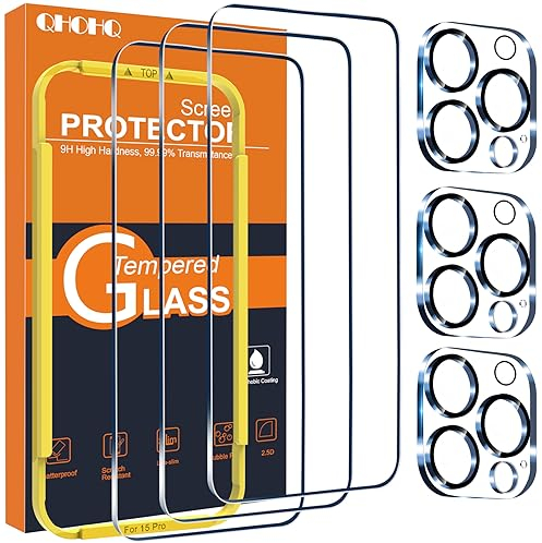 QHOHQ 3 Piezas Protector Pantalla para iPhone 15 Pro [6,1 Pulgada] con 3 Piezas Protector Camara, Cristal Templado, Dureza 9H, Ultra Transparente, Anti Arañazos, Sin Burbujas