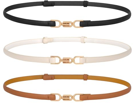 WERFORU 3 Pack Women Skinny Leather Belt Adjustable Thin Waist Belts with Alloy Buckle for Blouse Dresses Black/Brown/Beige