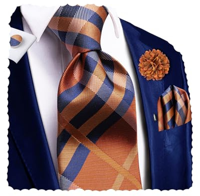 Hi-Tie Mens Silk Ties Lapel Pin Handkerchief Cufflinks Set Striped/Paisley/Floral Necktie Sets Wedding Business Party,Orange Navy Plaid