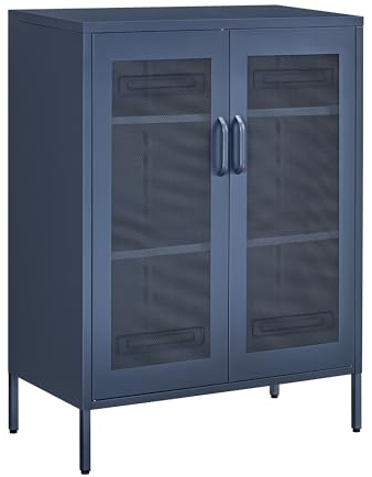 SONGMICS Mehrzweckschrank mit Gittertüren, Aktenschrank, Aufbewahrungsschrank, Schrank mit 3 Ebenen, pro Einlegeboden bis 25 kg belastbar, für Küche, Flur, Wohnzimmer, mitternachtsblau OMC002Q03