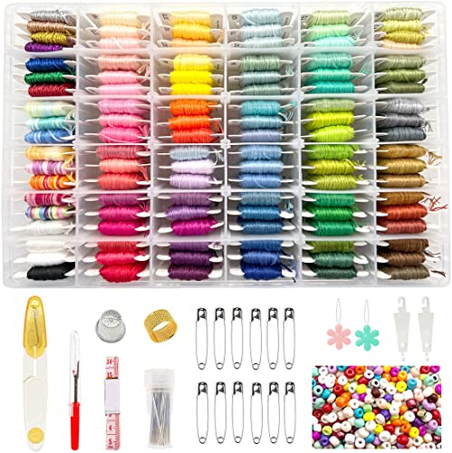 660Pcs Freundschaftsarmband String Kit mit Aufbewahrungsbox, Stickerei Floss Kit enthalten 110 Farben Stickgarn, 500 Perlen, 50 Kreuzstich-Tools für Handstickerei Stricken Nähen Floss Bobbins
