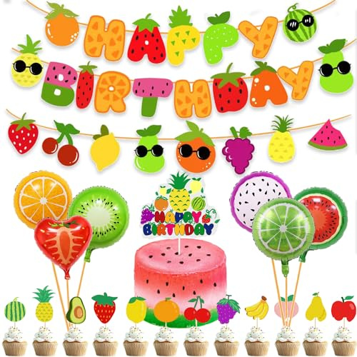 Finypa Decoraciones Sensoriales de Cumpleaños de Frutas, Suministros de Fiesta Temática de Frutas, Decoración de Pasteles, Cupcakes, Globos de Feliz Cumpleaños para Niños y Niñas