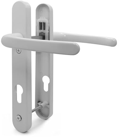 TSS White UPVC Door Handle Pair Set, Sprung, 92mm PZ (Centres), Lever Lever, 122mm Screw to Screw (Screw centres), Backplate 245mm x 34mm - Replacement PVC Door Handle in White