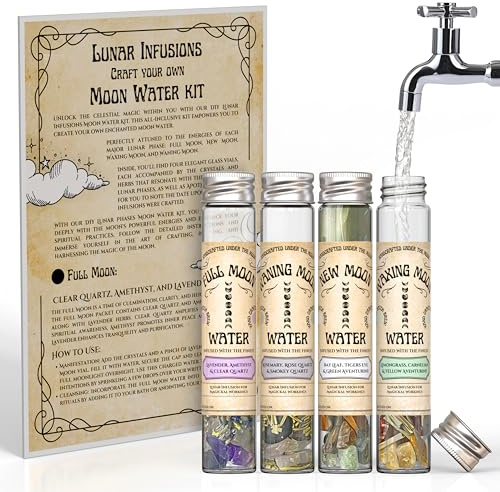 Moon Water Creation Kit | Complete DIY Set with 4 Glass Vials, Crystals & Herbs | Craft Lunar Infusions for Each Moon Phase | Wiccan, Pagan & Witchcraft Rituals | Ideal Witchy Gift & Witch Starter Kit