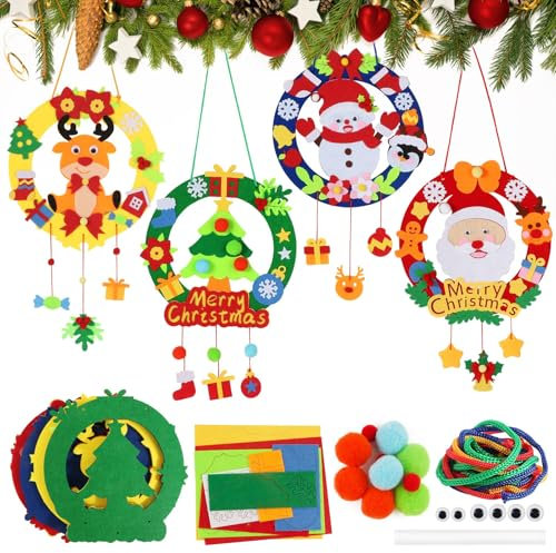 BOFUNX 4pcs Ghirlande Natalizie per Bambini Ghirlanda di Natale in Feltro Ghirlande Natalizie per Porta Fai da Te Decorazioni Albero di Natale Artigianato da Appendere DIY