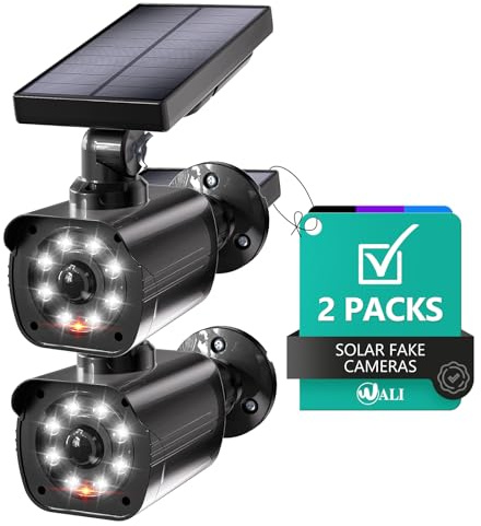 WALI Dummy Fake Camera, Security Camera with Motion Sensor Flood Light, Simulated Surveillance Security CCTV Dome Camera Indoor Outdoor (TCB2-SOL), 2 Packs, Black-Solar
