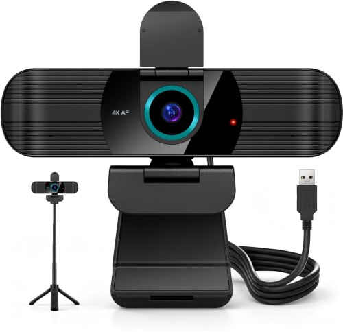 RUWBY UHD 4K webbkamera med inbyggda dubbla mikrofoner, vidvinkellins, integritetsskydd och stativstativ, autofokus datorkamera, plug and play för stationär PC eller bärbar dator