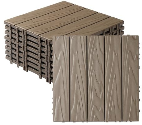 Bonnlo Garden Decking Tiles, 27 Pcs Plastic Outdoor Flooring, 30x30cm Patio Paving Slabs Decking Squares Indoor & Outdoor, Light Brown
