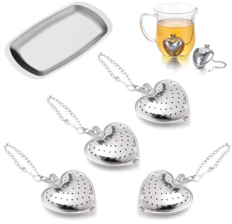 DLPRK 4 Pezzi Colini da Tè in Acciaio Inossidabile a Forma di Cuore, Infusore per Tisane, Tisaniera, Te Infusione, Filtro Re, Colino da Tè a Forma di Cuore con Catena, Tisana, Accessori per Tè