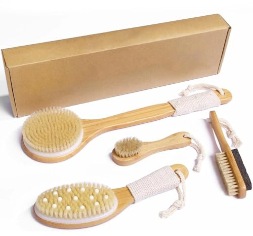 Juego de 4 cepillos corporales de cerdas de jabalí naturales con mango de madera para drenaje linfático y tratamiento de celulitis para espalda, cara, pies, masajeador exfoliante, adecuado para todo