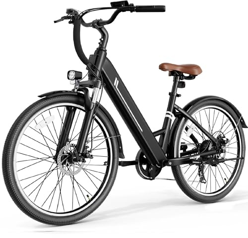 Jasion YC1 ST 26 Electric Bike, 1400W Peak Motor, 360WH Removable Battery, Step-Through Ebike for Adults, Up to 50miles, Max 28MPH Urban Commuter E-Bike, 7 Speeds & Front Suspension
