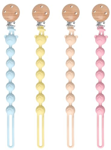 Dummy Clips Silicon Easy to Clean: 4 PCSPacifier Clips Portable and Easy to Carry,Dummy Chain and Teether 2-in-1 Design,Mam Soother Clips Cute BPA Free
