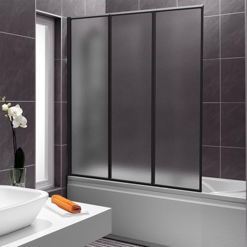 Vkechh Duschvägg för badkar 120 × 140 cm, 3-delad vikbar av okrossbar PS-plast, duschvägg med svart aluminiumram, badkarsfäste stänkskydd med mattstruktur, valbar