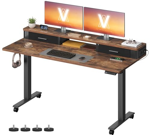 VASAGLE Höhenverstellbarer Schreibtisch elektrisch, 140 x 60 x (72-120) cm, stufenlos verstellbar, mit Monitorständer, Steckdosenleiste, Haken, Memory-Funktion, vintagebraun LSD184KD02