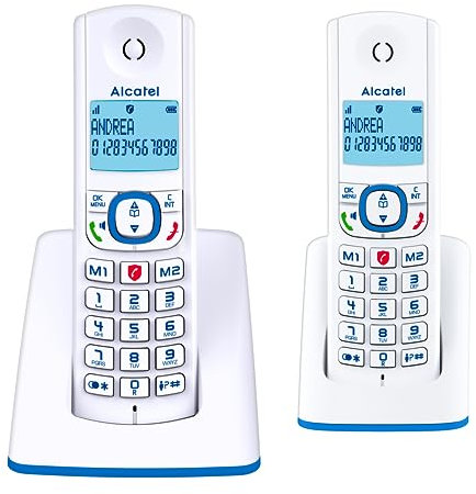 ALCATEL F530 Duo – Schnurloses DECT-Telefon-Set – Großes beleuchtetes Display – Freisprechfunktion – Anrufsperrfunktion – 2 Direktwahltasten – 2 Mobilteile – Weiß/Blau