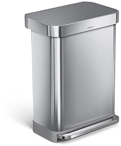 simplehuman CW2086 55L Rectangular Kitchen Pedal Bin with Liner Pocket, Silent Soft Close Lid, Strong Wide Pedal, Dent-Proof Plastic Lid, Brushed Stainless Steel with Grey Plastic Lid