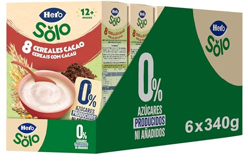 Hero Solo Papilla 8 Cereales con Cacao, Sin Azúcares Añadidos, Rica en Fibra y Vitaminas, Sabor Natural para Bebés, a partir de 12 meses