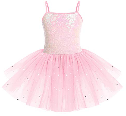 IWEMEK Kinder Ballettkleidung Mädchen Ballettkleid Ärmellos Pailletten Balletttrikot Ballettanzug Tanzkleid Tanzbody mit Tütü Rock Ballettrock Gymnastik Tanzbekleidung Rosa 7-8 Jahre