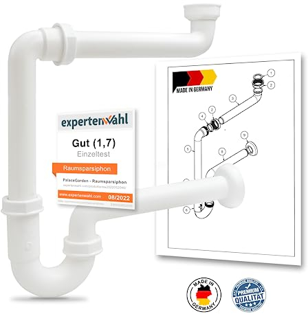 PalaceGarden® Raumsparsiphon Waschbecken [Made in Germany] – Siphon 1 1/4 x 32mm – einstellbarer Möbelsiphon – Geruchsverschluss Bad & Waschtisch – platzsparend & hochwertig