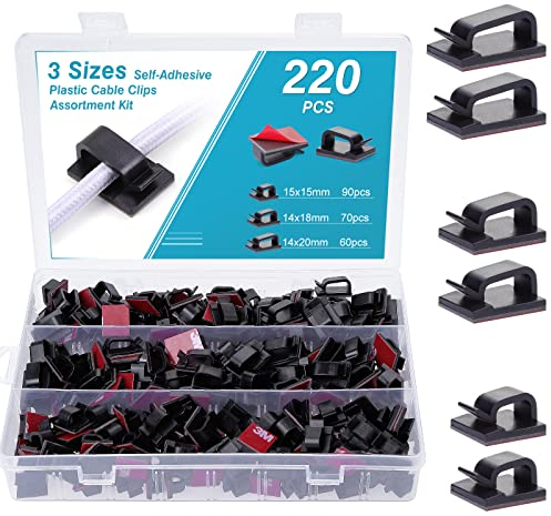 Kinsinder 220 Stück Selbstklebende Kabelklemmen, Selbstklebende Elektrische Kabelaufbewahrung Kabelmanagement Kabelbinder Draht Kabel Halter, Outdoor Kabelclips mit Klebebändern